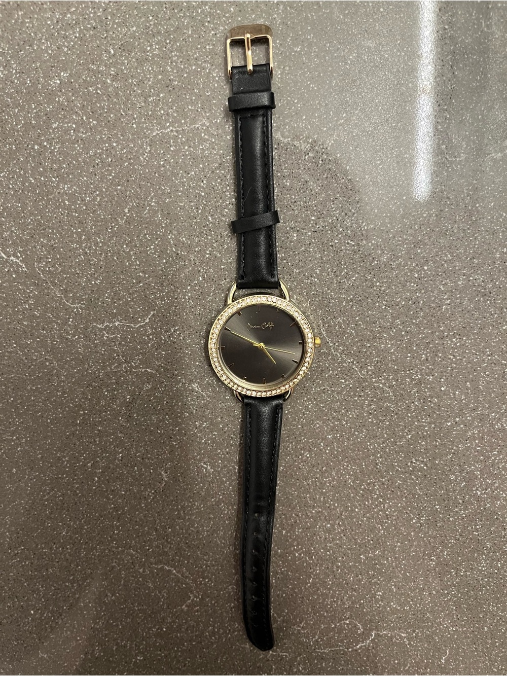 Black Leather Strap Women's Watch with Gold Crystal Bezel